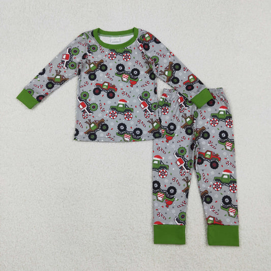 BLP1286 Christmas cane candy car green grey long sleeve pants boys pajamas