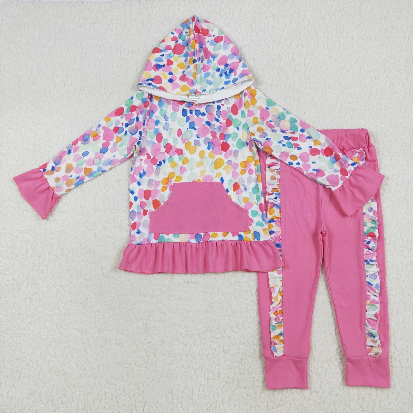 GLP2151 colorful flowers dot pocket long sleeve hooded hot pink pants girls set