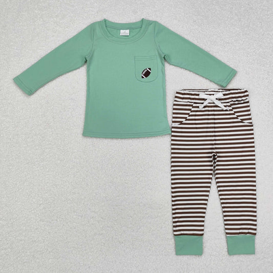 embroidery BLP0793 football green pocket long sleeve khaki striped pants boys set