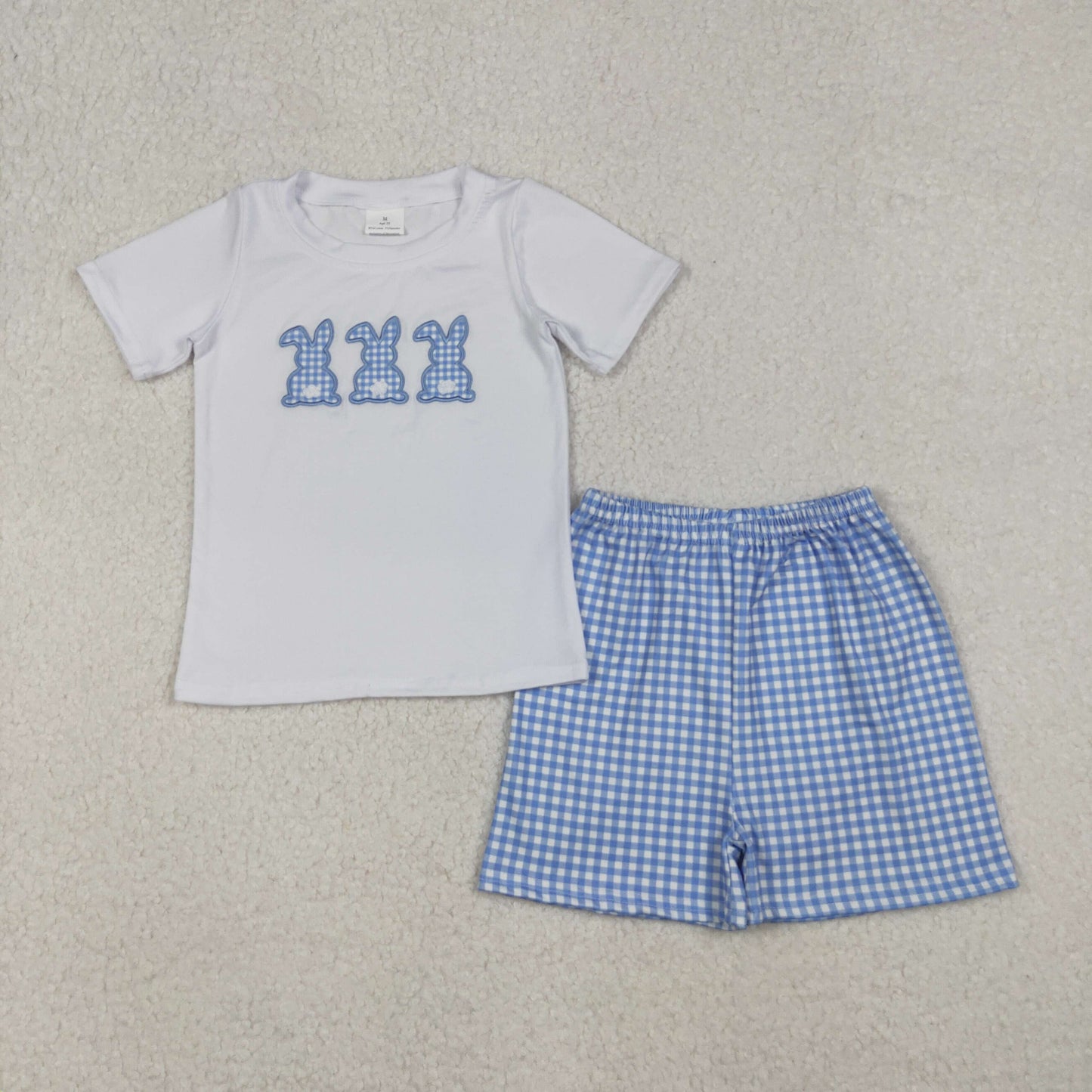 embroidery BSSO1123 Easter bunny rabbit short sleeve blue checkered shorts boys set