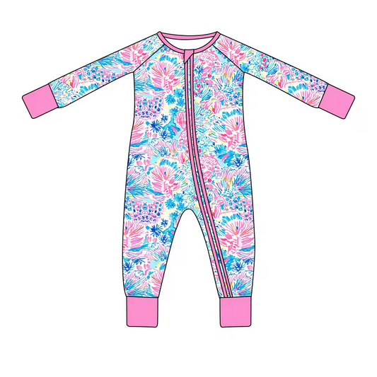 custom fish colorful print hot pink long sleeve girls zipper romper