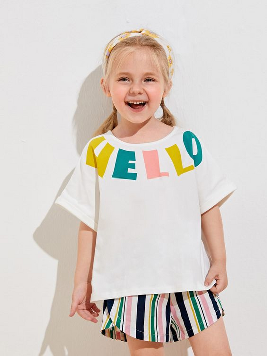 custom Hello White Short Sleeve Colorful Striped Shorts Girls Summer Set