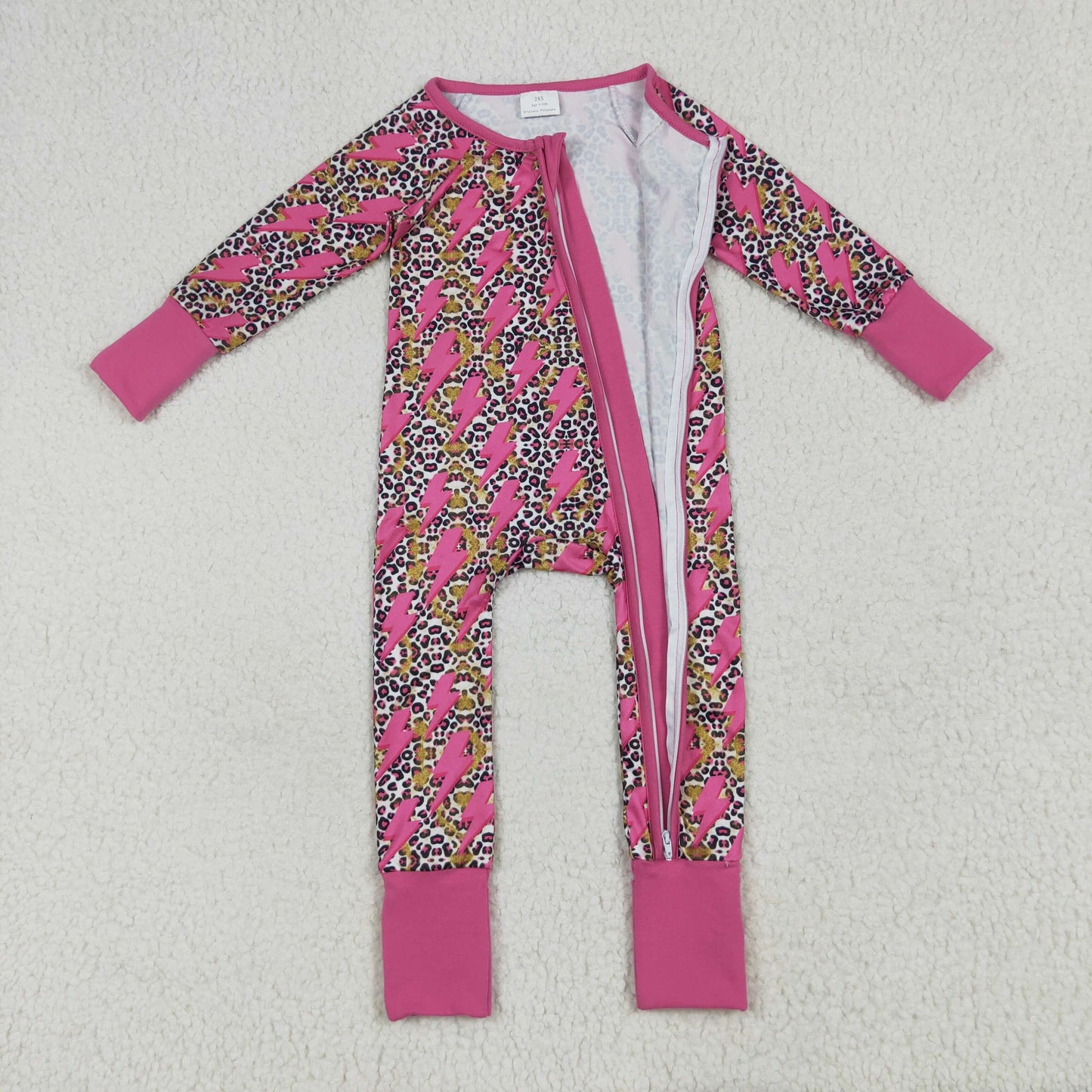 Custom moq 20 bamboo leopard hot pink flash long sleeve zipper girls romper