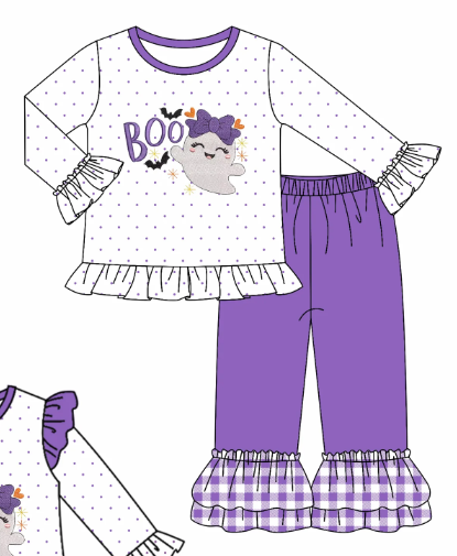 custom moq 3 Halloween BOO spooky dot long sleeve purple pants girls set