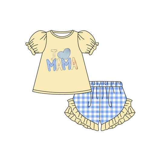preorder GSSO0379 I love mama yellow short sleeve blue checkered ruffles shorts girls set