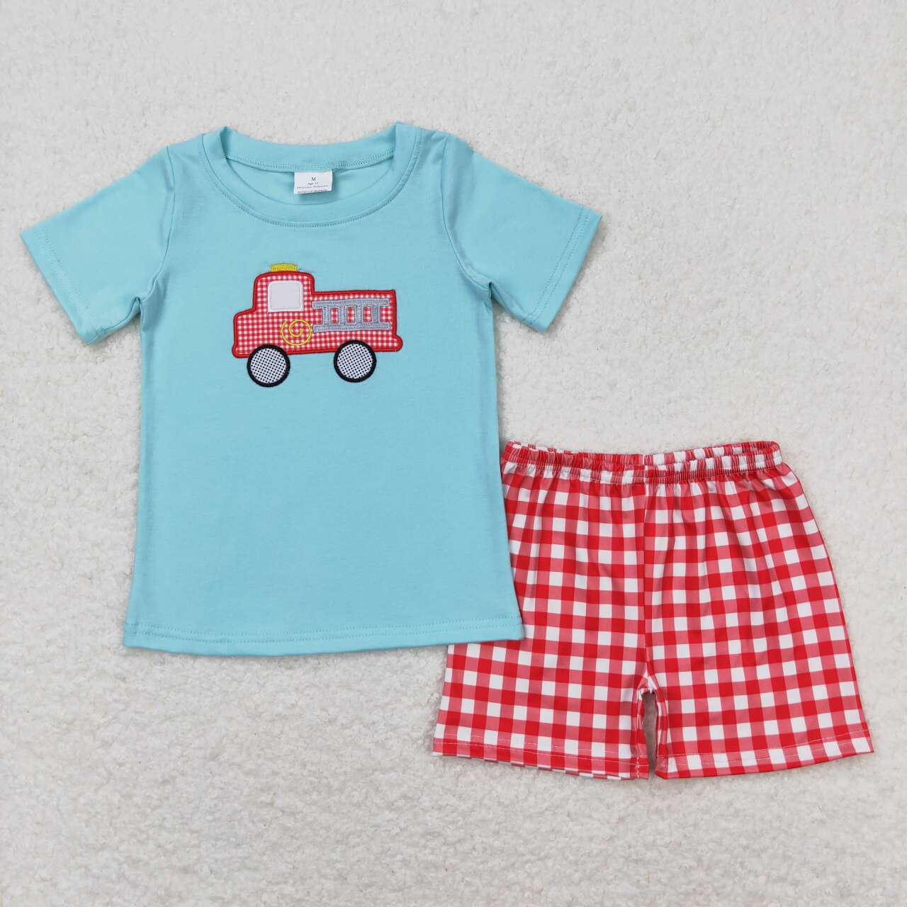 BSSO0549 embroidery Red Checkered Fire Truck Green Short Sleeve Red Checkered Shorts Boys Set