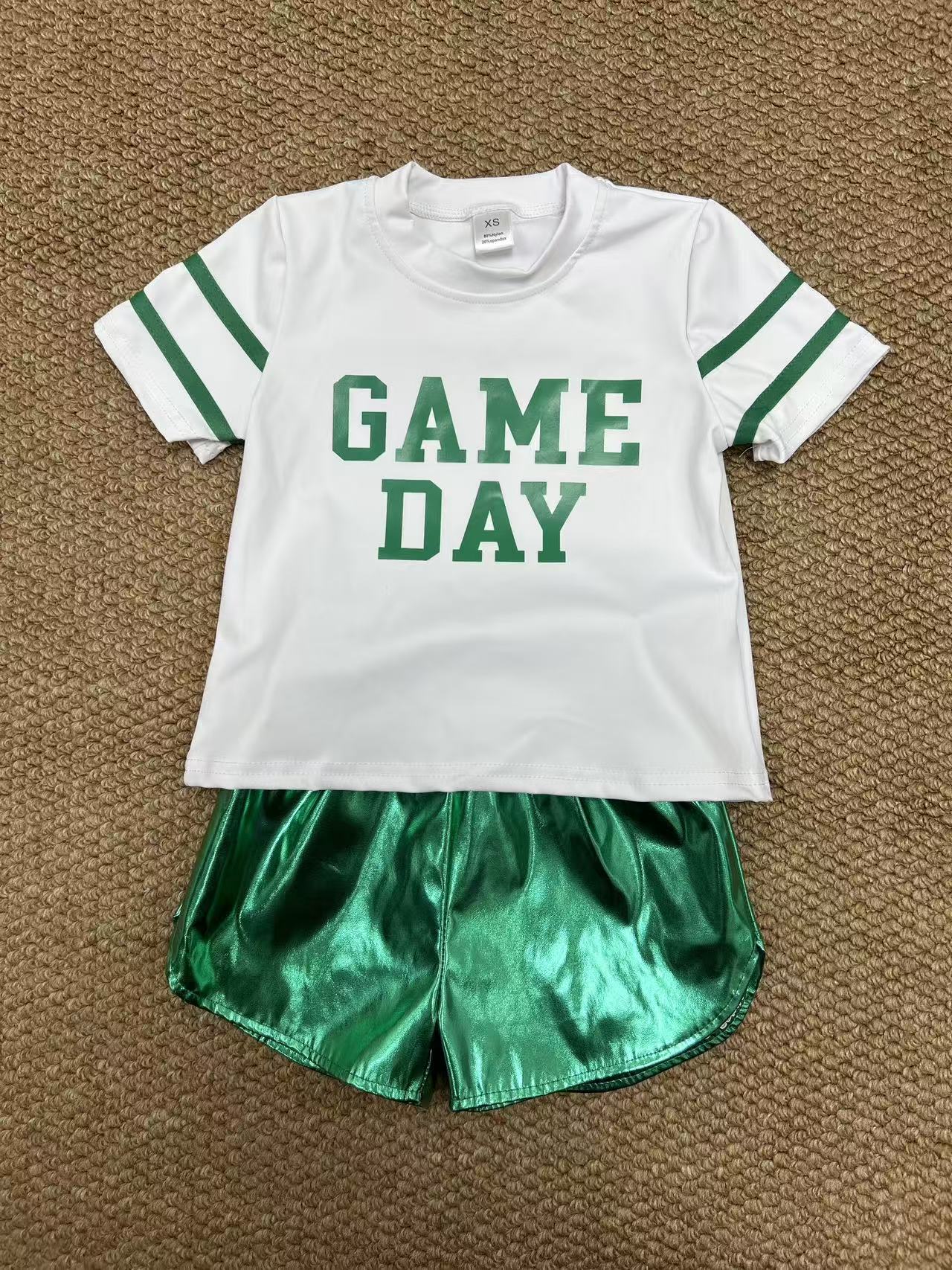 yoga screen print game day green short sleeve green leather shorts girls set