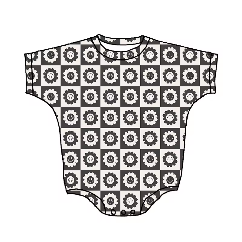 Custom smile flowers black plaid short sleeve baby romper
