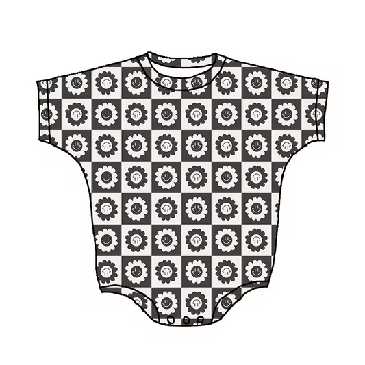 Custom smile flowers black plaid short sleeve baby romper
