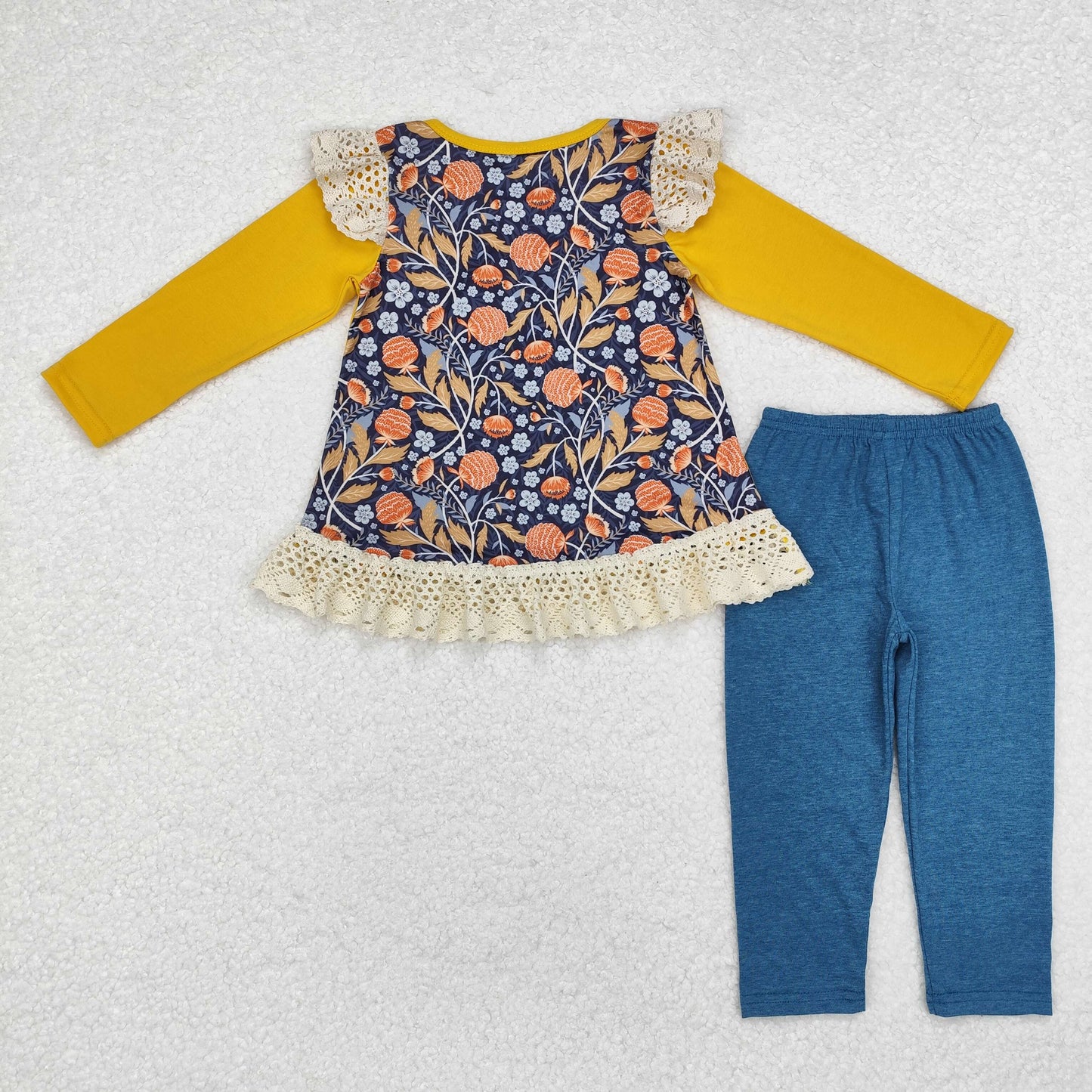 embroidery GLP1542 Thanksgiving turkey orange long sleeve blue pants girls set