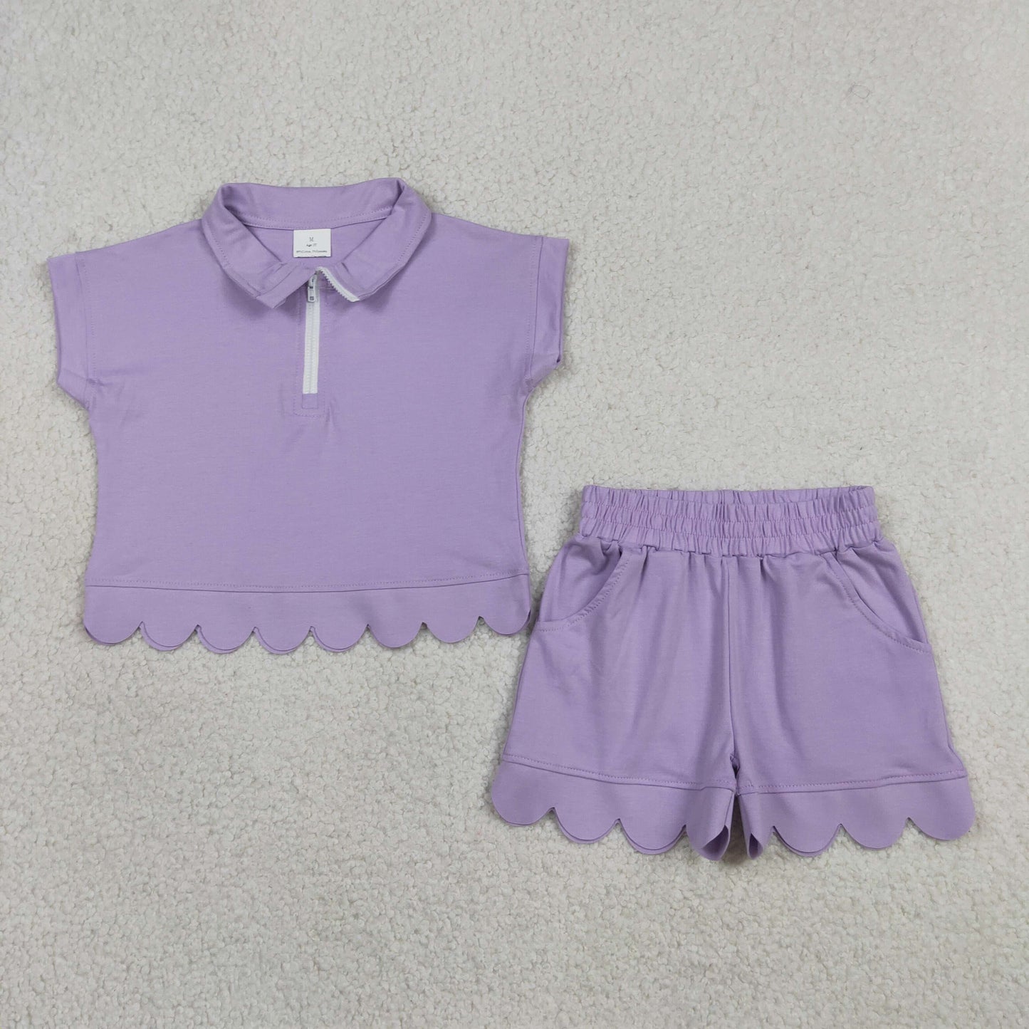 GSSO3377 Scallop Purple Zipper Short Sleeve Shorts Girls Set