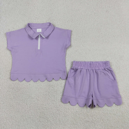 GSSO3377 Scallop Purple Zipper Short Sleeve Shorts Girls Set
