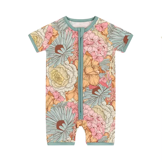 custom colorful flowers short sleeve girls zipper romper