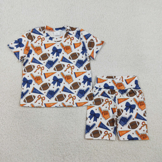 GSSO2722 football team orange navy blue bows short sleeve shorts girls set