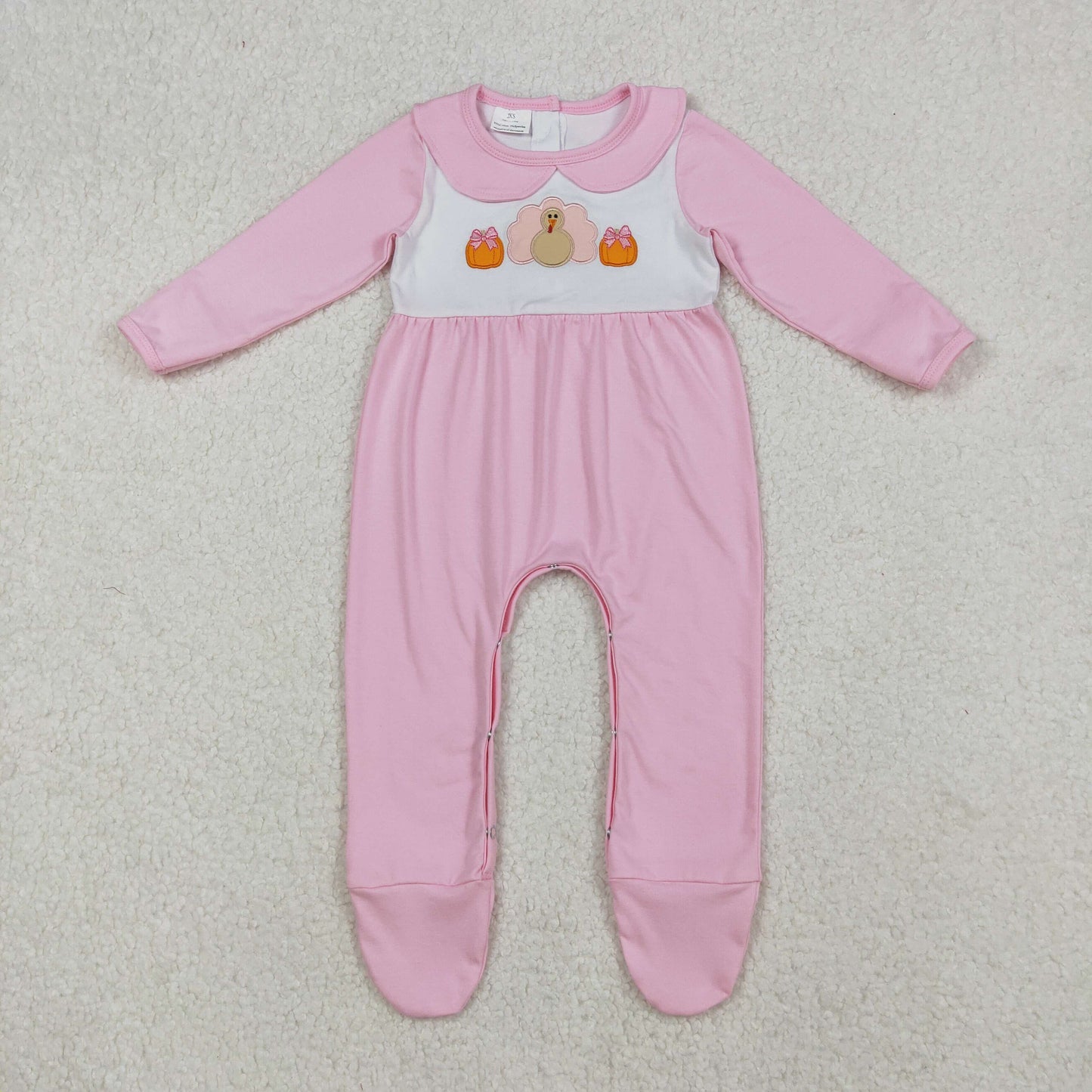 embroidery LR2563 Thanksgiving turkey pumpkin pink long sleeve girls romper