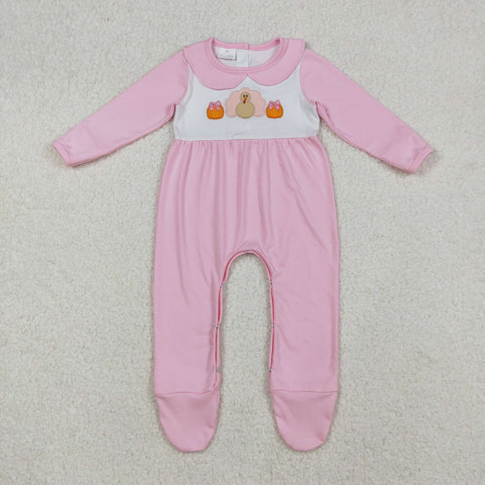 embroidery LR2563 Thanksgiving turkey pumpkin pink long sleeve girls romper