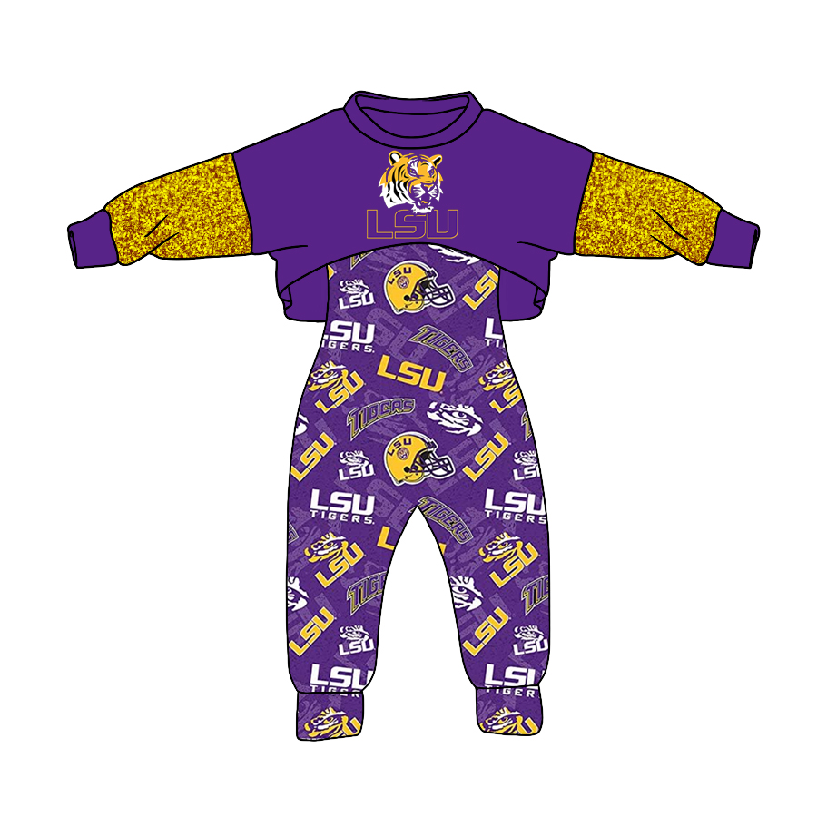 custom LSU tiger purple long sleeve jumpsuits girls set