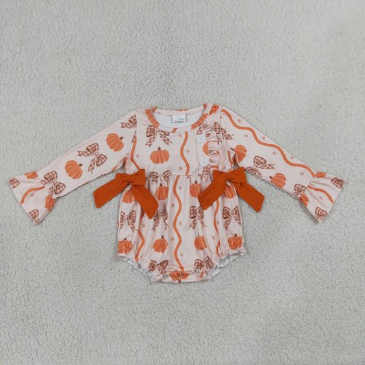 LR3083 Pumpkin Bows Long Sleeve Girls Romper