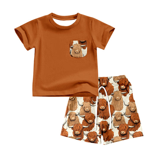Preorder Highland Cow Brown Pocket Short Sleeve Shorts Boys Set