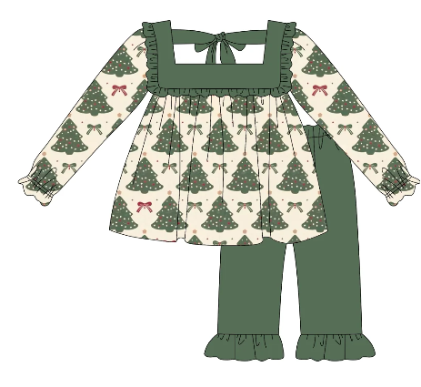 custom moq 3 Christmas green tree long sleeve green pants girls set