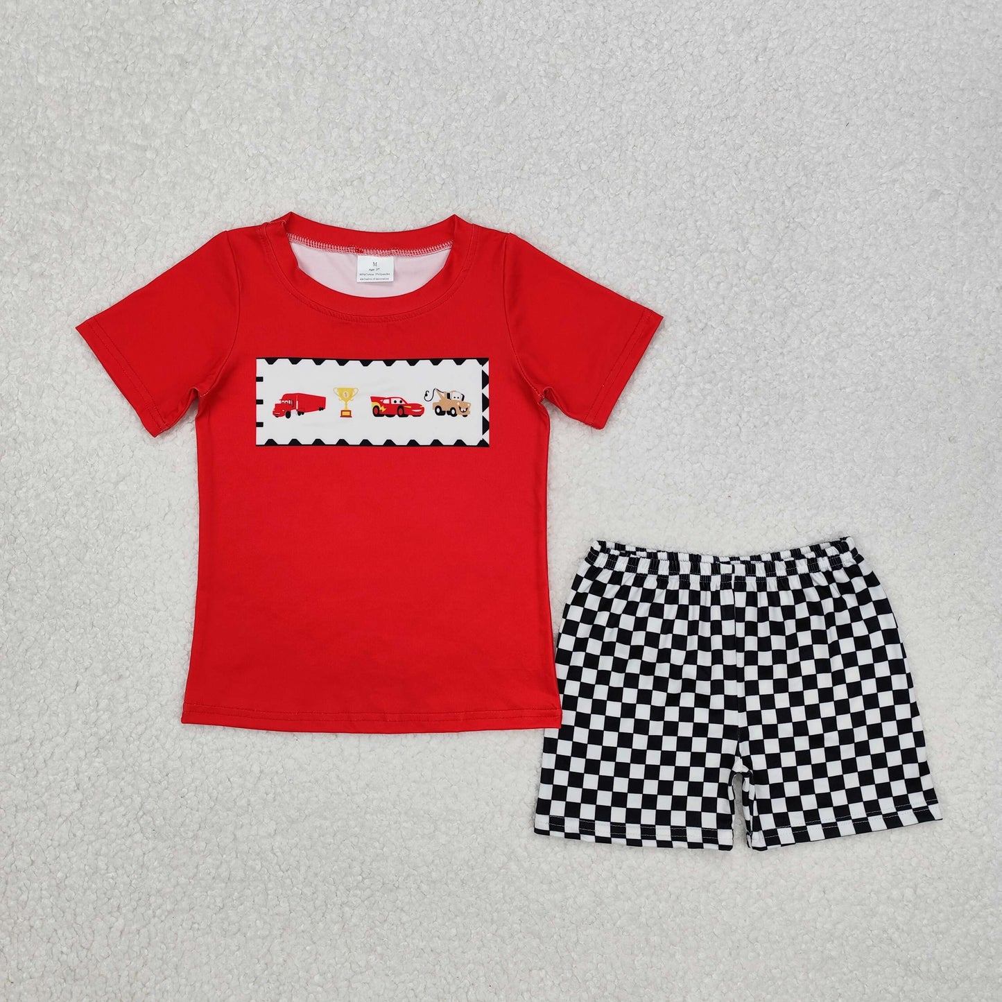 BSSO1079 cartoon car red short sleeve black checkered shorts boys set