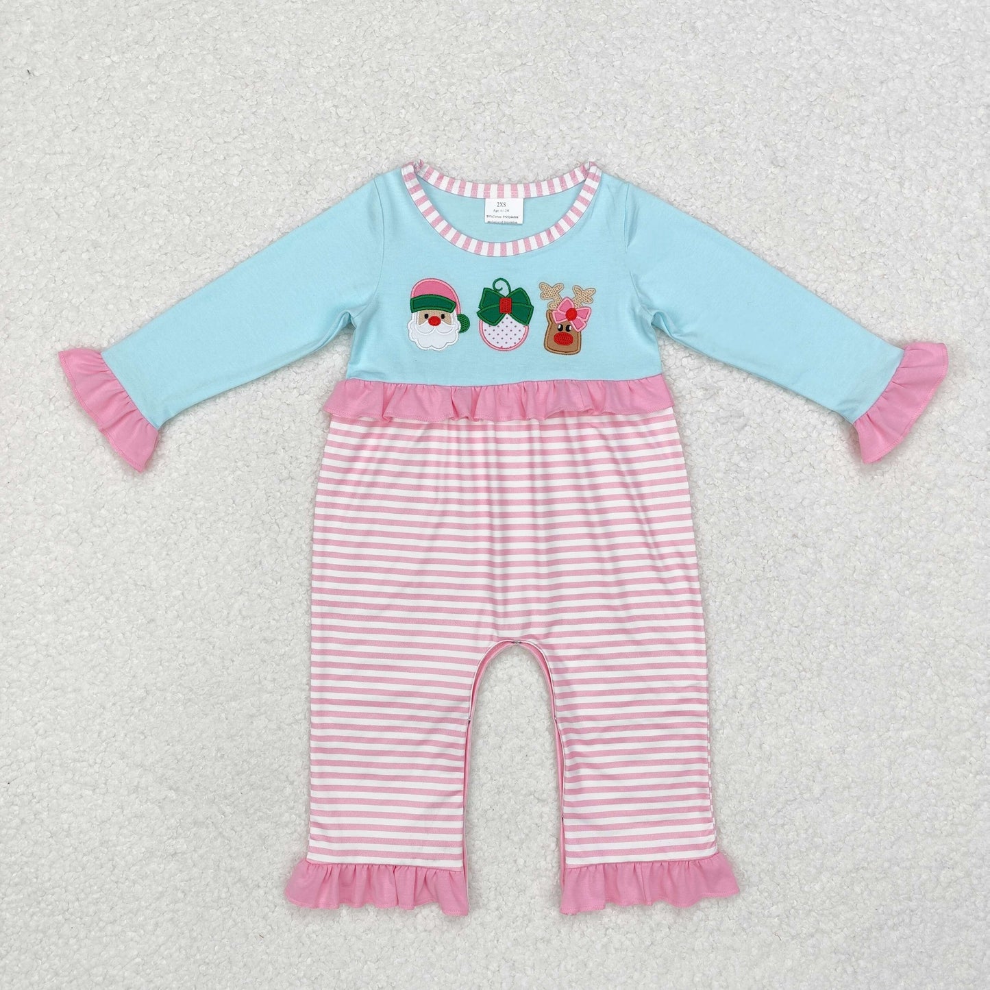 embroidery LR1476 Christmas Santa deer pink striped blue long sleeve girls romper