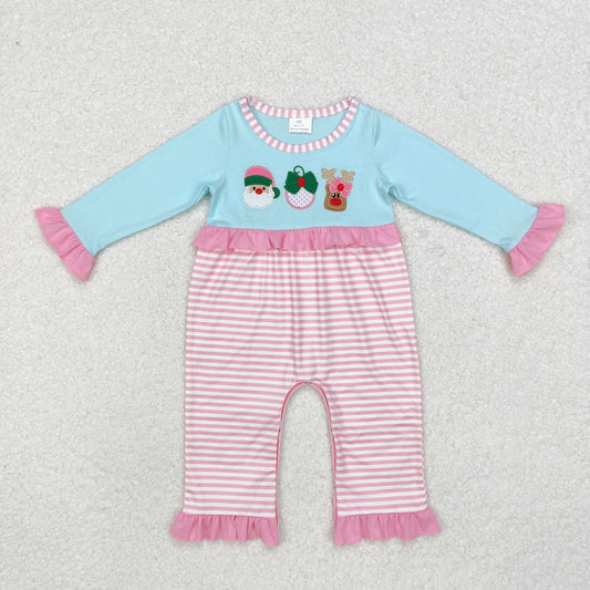 embroidery LR1476 Christmas Santa deer pink striped blue long sleeve girls romper