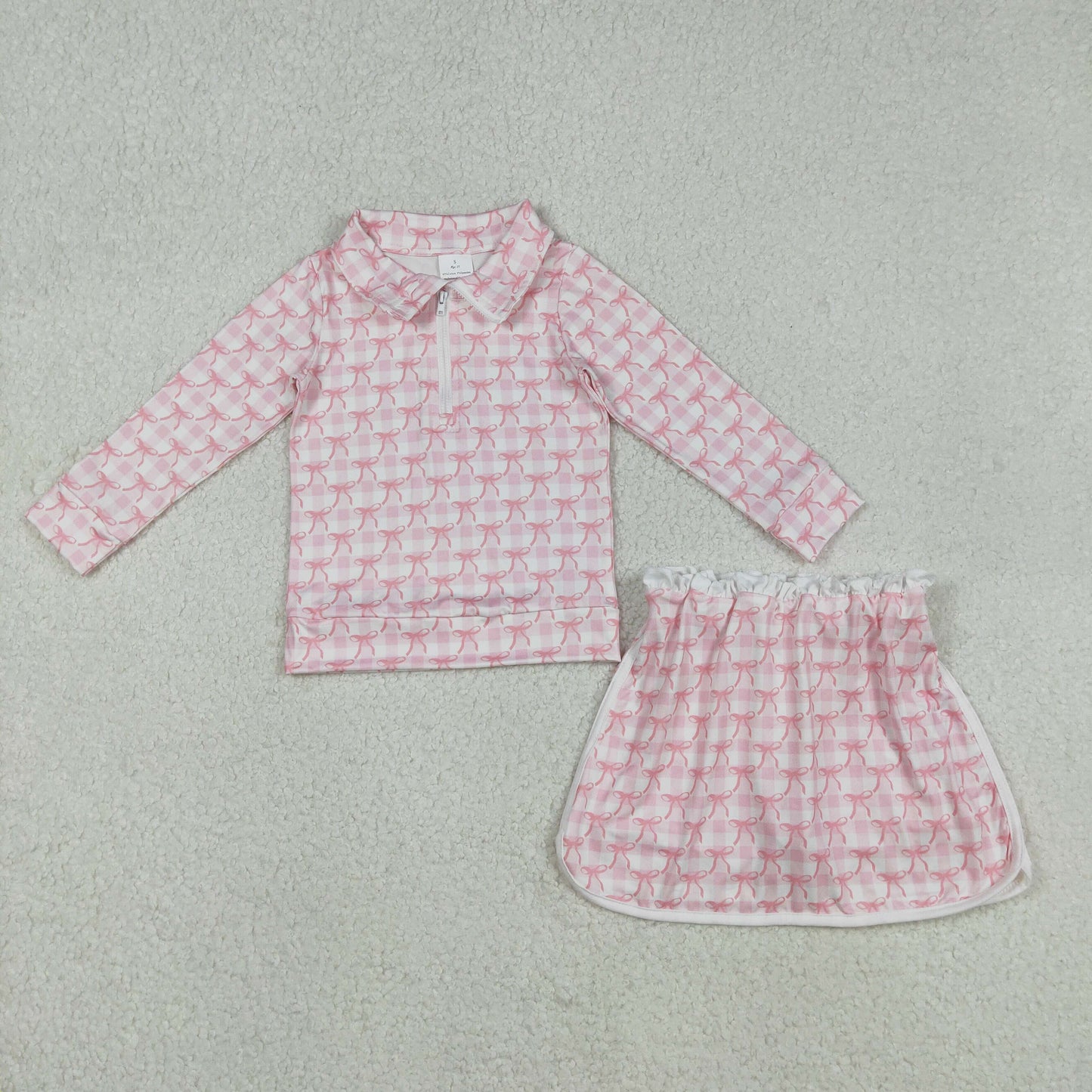 GLD1014 pink bows zipper long sleeve skirt with shorts girls set