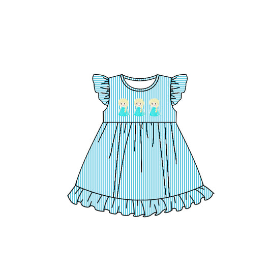 custom Cartoon Princess Sky Blue Flutter Sleeve Girls Dress