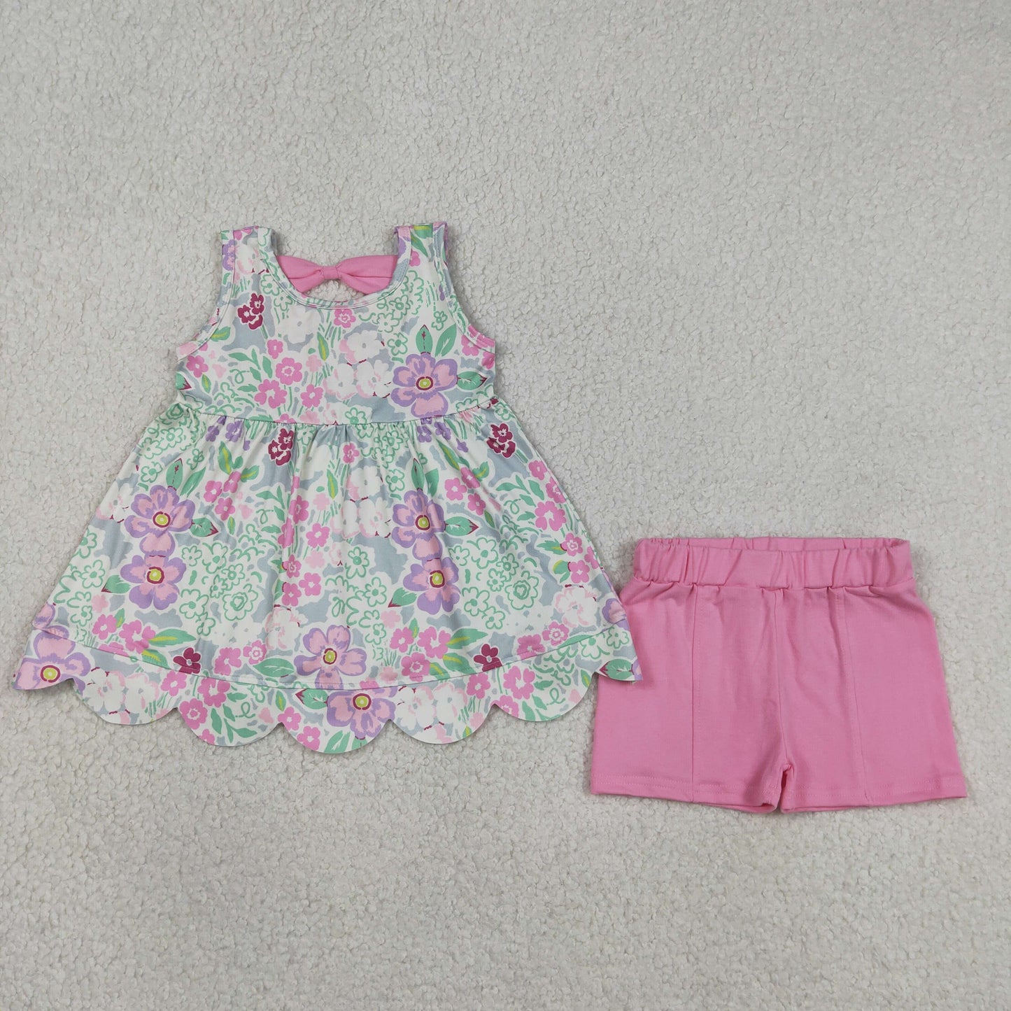 GSSO3385 Flowers Sleeveless Pink Shorts Girls Set