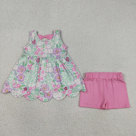 GSSO3385 Flowers Sleeveless Pink Shorts Girls Set