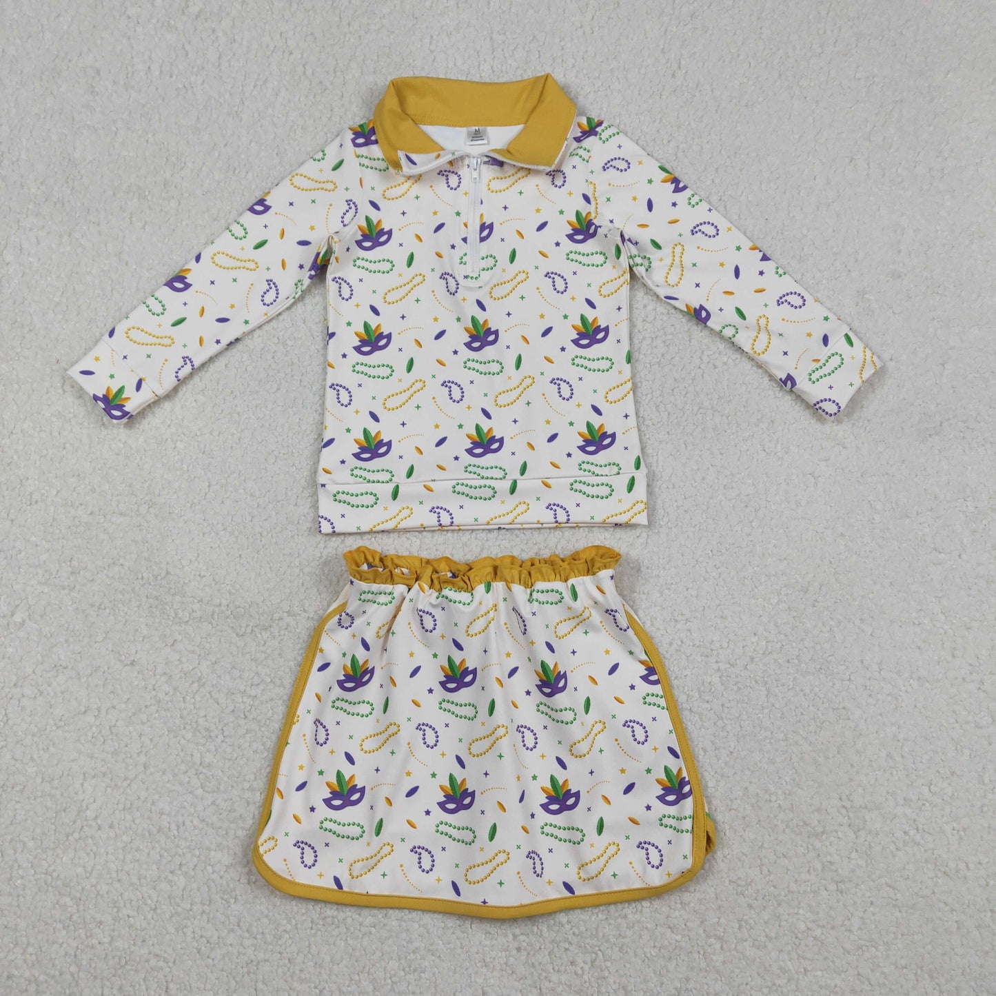 GLD1370 Yoga Mardi Gras purple mask zipper long sleeve skorts skirt girls set