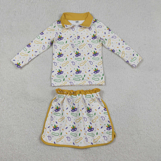 GLD1370 Yoga Mardi Gras purple mask zipper long sleeve skorts skirt girls set