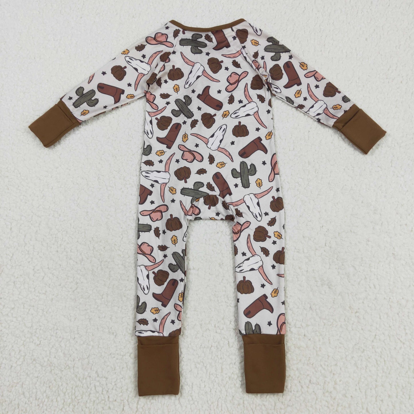 Custom moq 20 bamboo Western Autunmn pumpkin cow cactus zipper long sleeve boys romper
