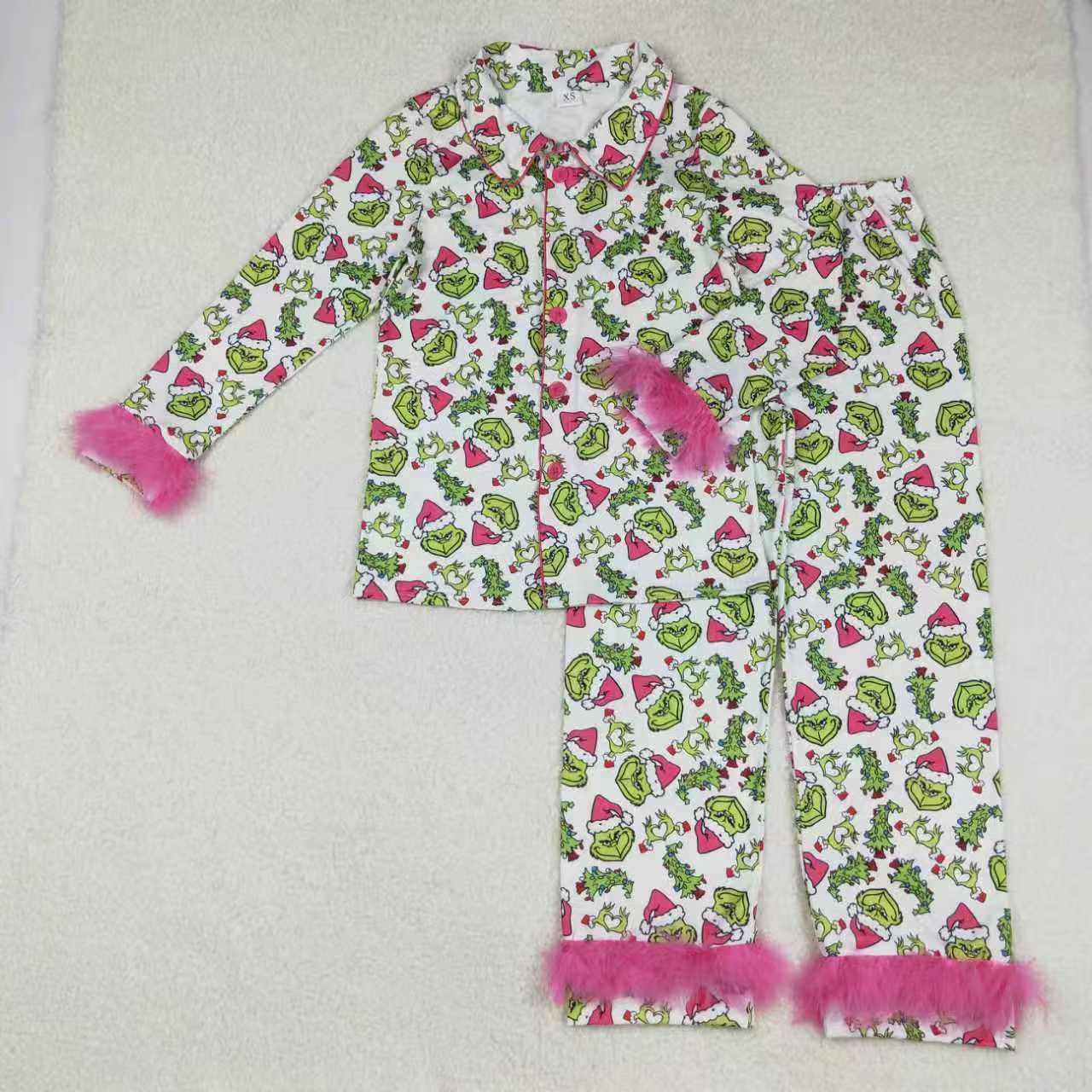Christmas greem face fur pajamas mama and me RTS sibling clothes