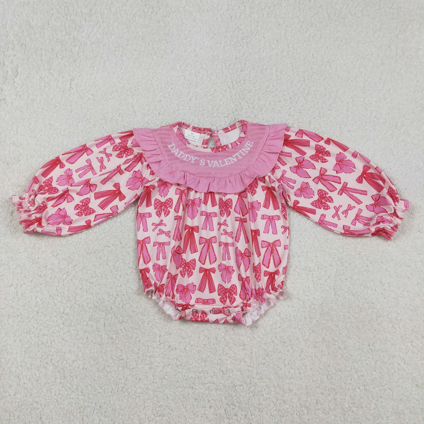 Smocked Embroidery LR2842 Daddy's Valentine Hot Pink Bows Long Sleeve Girls Romper