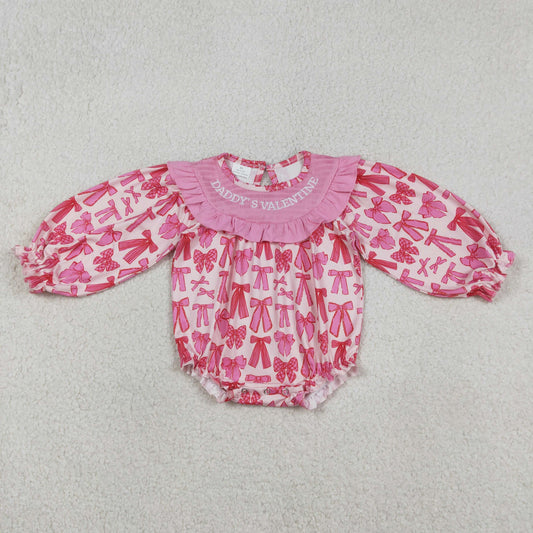 Smocked Embroidery LR2842 Daddy's Valentine Hot Pink Bows Long Sleeve Girls Romper