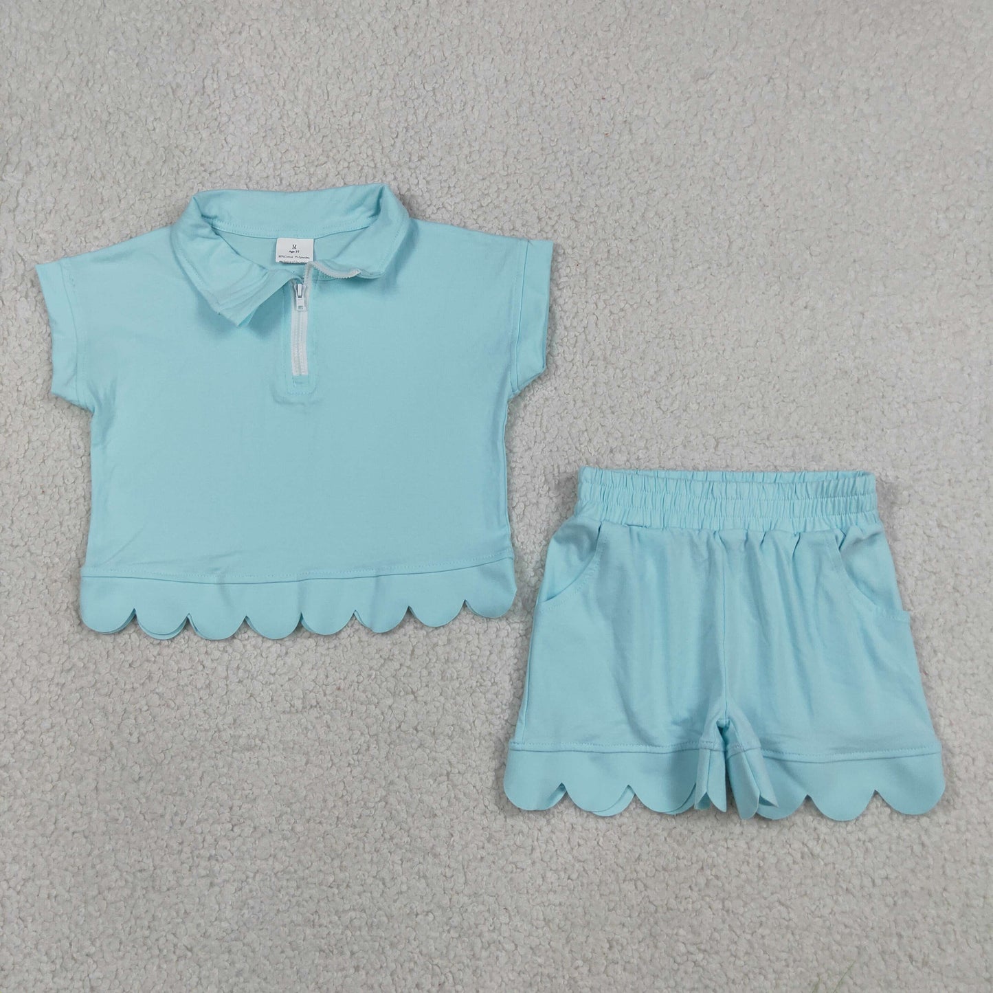 GSSO3376 Light Blue Zipper Short Sleeve Shorts Girls Set