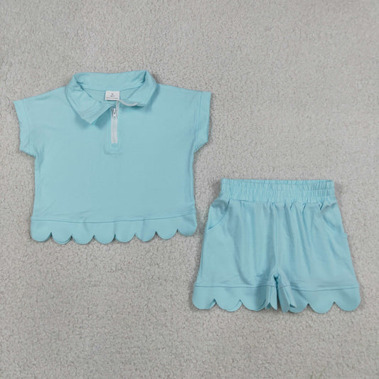 GSSO3376 Light Blue Zipper Short Sleeve Shorts Girls Set