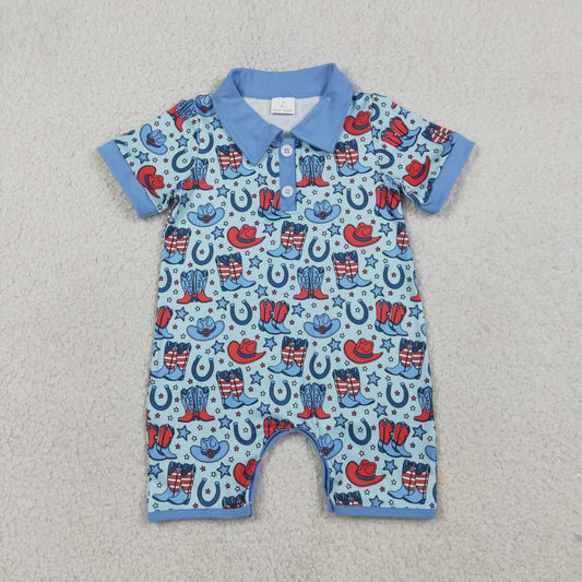 SR3884 July 4th Western Boots Hat Blue Short Slevee Boys Romper