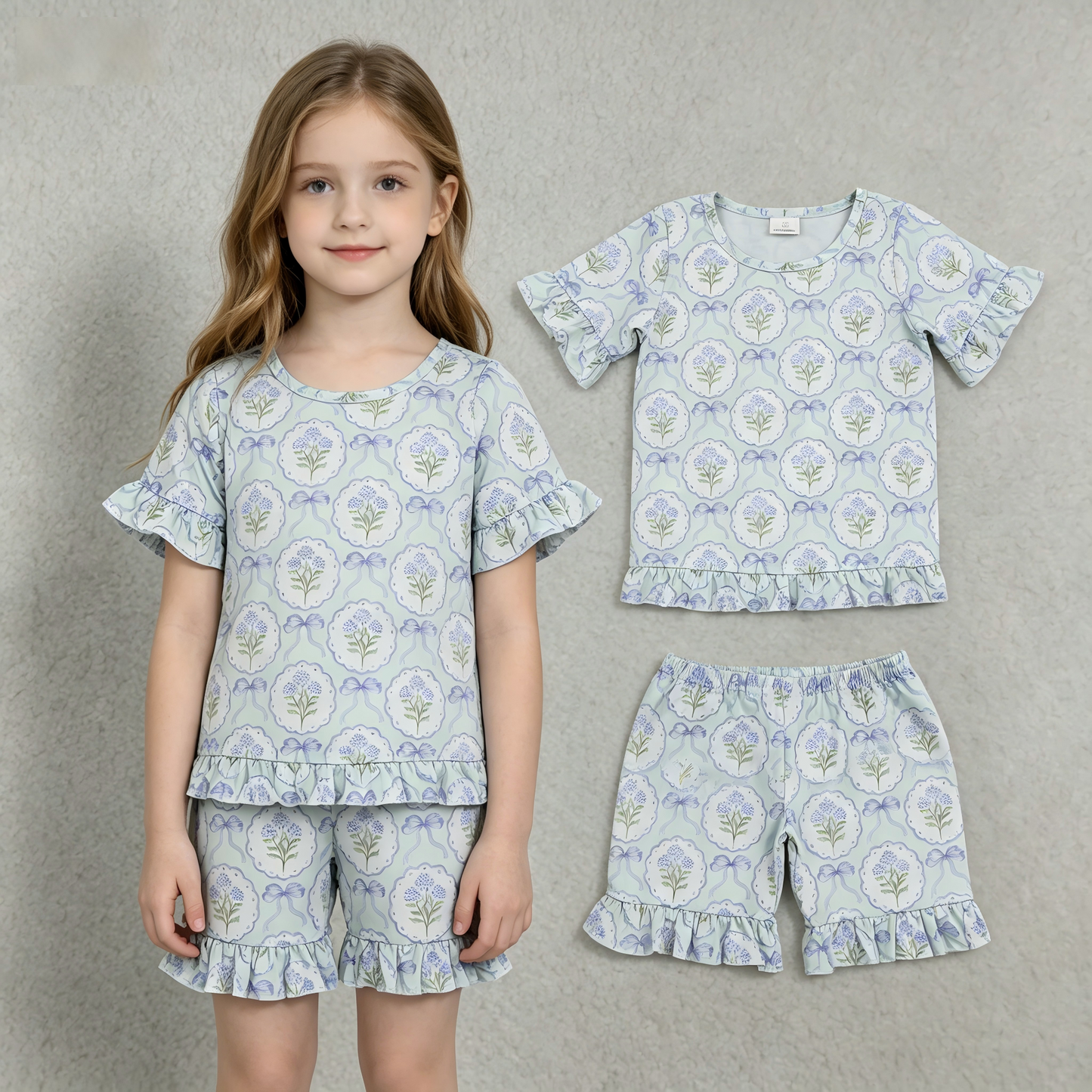 GSSO3323 Blue Bows Flowers Short Sleeve Shorts Girls Set