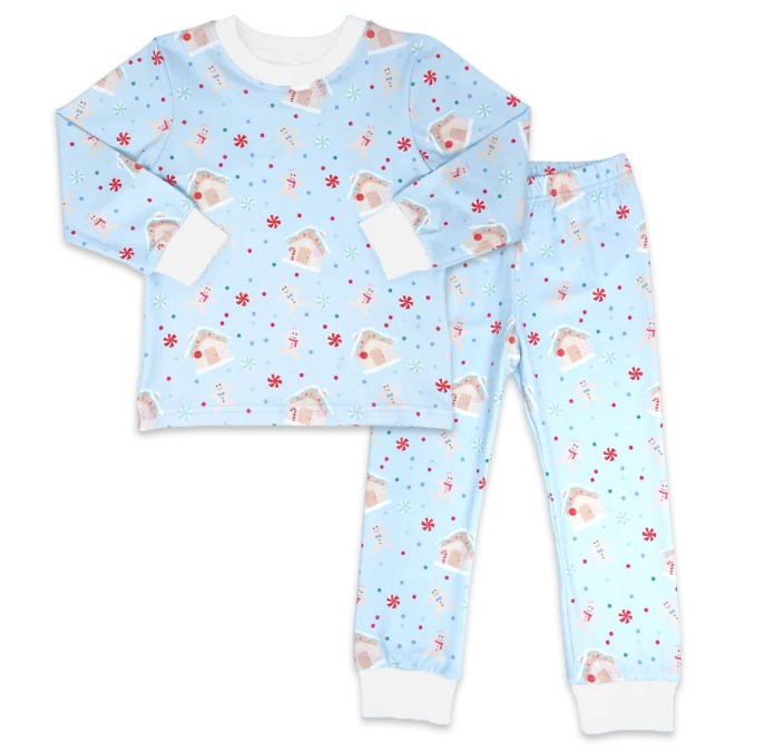 preorder BLP0405 Christmas Gingerbread Man candy House blue long sleeve pants boys pajamas