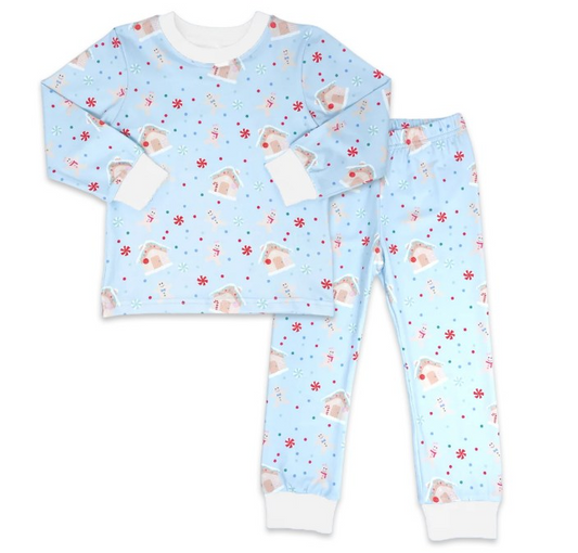 preorder BLP0405 Christmas Gingerbread Man candy House blue long sleeve pants boys pajamas