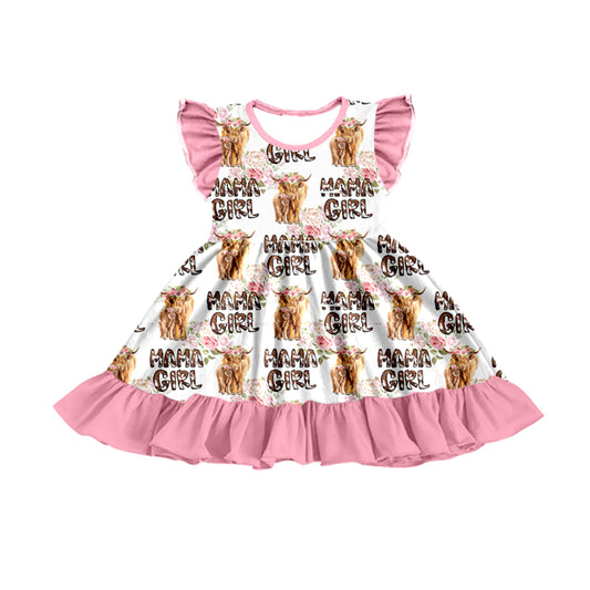 Preorder GSD0801 Mama Girl Highland Cow Flowers Pink Flutter Sleeve Girls Dress