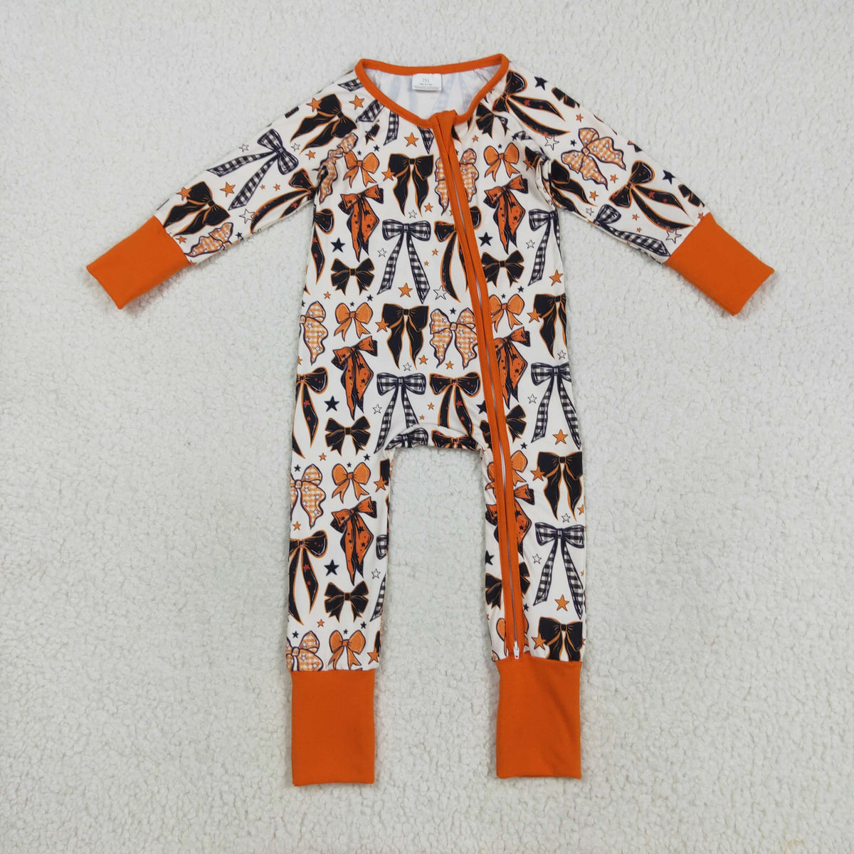 LR2409 Halloween black orange bows long sleeve zipper girls romper