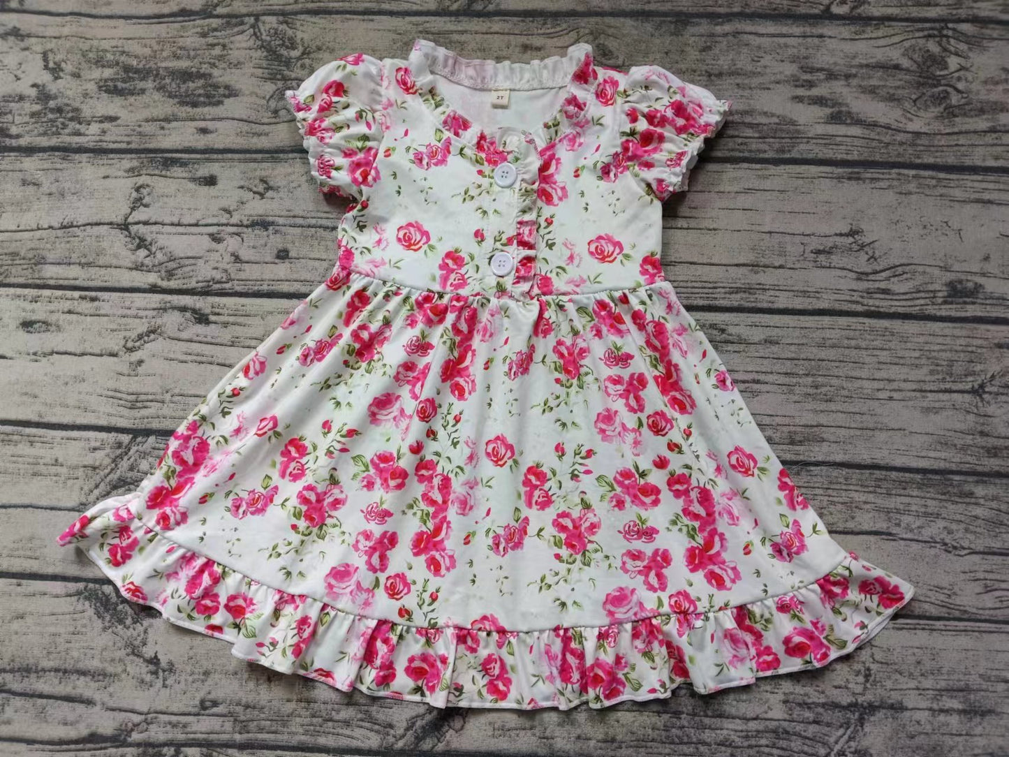 custom S cute hot pink flowers print short sleeve girls dress