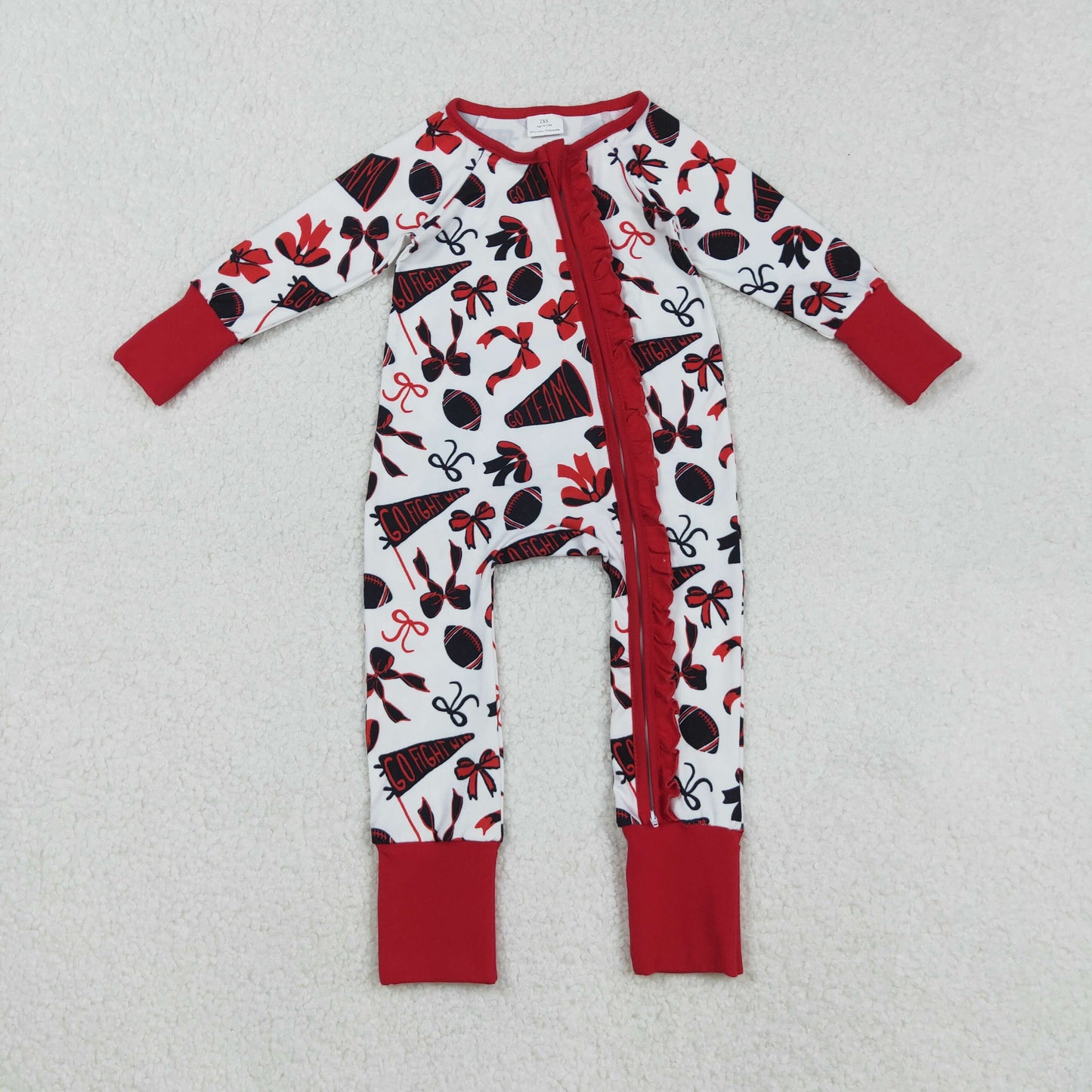 Custom moq 20 bamboo cheer black red football bows zipper long sleeve girls romper