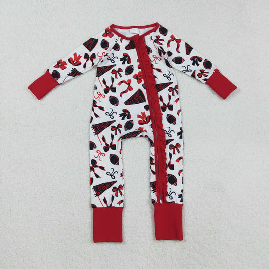Custom moq 20 bamboo cheer black red football bows zipper long sleeve girls romper