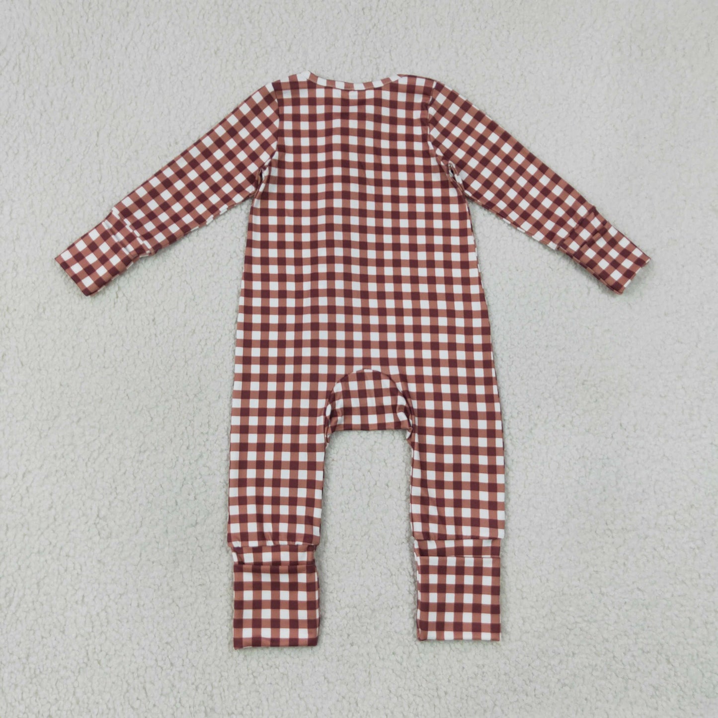 LR3113 Brown Checkered Zipper Long Sleeve Boys Romper