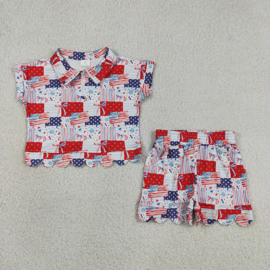 GSSO3599 July 4th Flag Bows Scallop Zipper Short Sleeve Shorts Girls Set